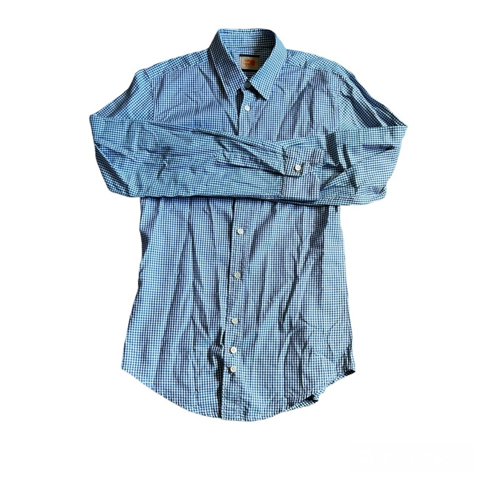 BOSS ORANGE HUGO BOSS Dress Shirt Blue & White Checked Cotton Blend Size Medium